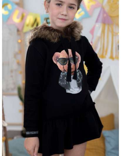 VESTIDO Mon Petit Bonbon Oso  Negro Tejido Sudadera Niña