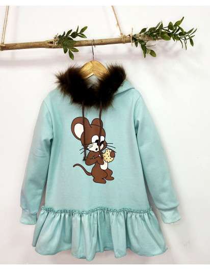 VESTIDO Mon Petit Bonbon Raton Verde Agua Tejido Sudadera Niña