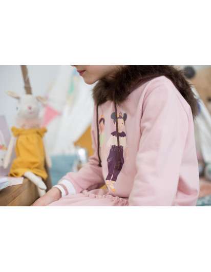 VESTIDO Mon Petit Bonbon Rosa Cromos Tejido Sudadera  y Capucha pelo Niña