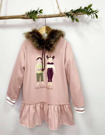VESTIDO Mon Petit Bonbon Rosa Cromos Tejido Sudadera  y Capucha pelo Niña