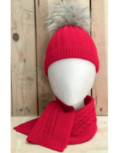 Gorro Con Pompom De Pelo Y Bufanda  Valentina Bebes Rojo