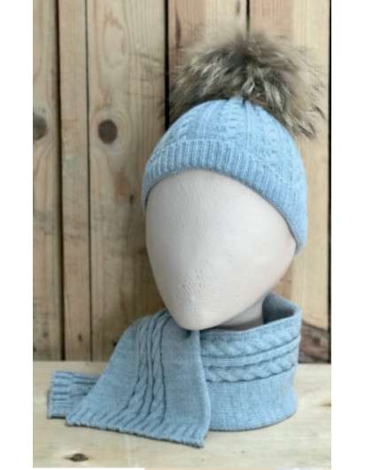 Gorro Con Pompom De Pelo Y Bufanda  Valentina Bebes Gris