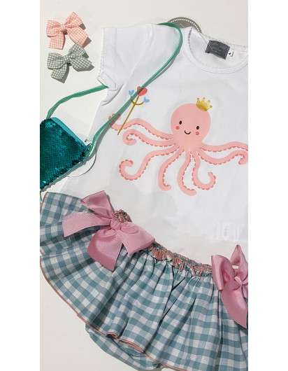 Conjunto Pulpo Niña Mon Petit Bonbon Camiseta y Braga Volante