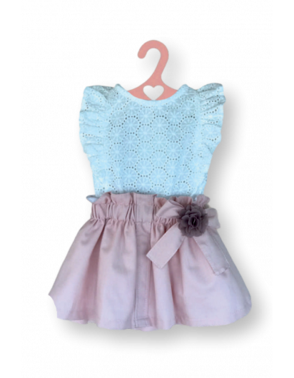 Conjunto Valentina Bebe Blusa Bordada y Falda Rosa en