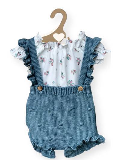 Conjunto Valentina Bebe Ranita Punto Verde Turquesa y Blusa en