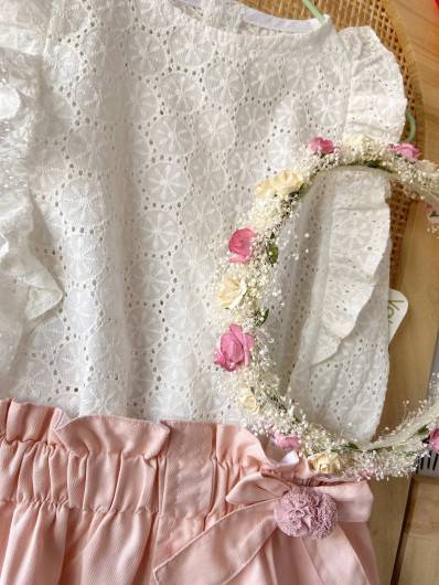 Conjunto Valentina Bebe Blusa Bordada y Falda Rosa en