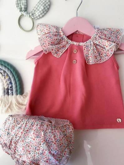 Conjunto Bebe Prado Paz Rodriguez Camiseta Pique y Braga Flores