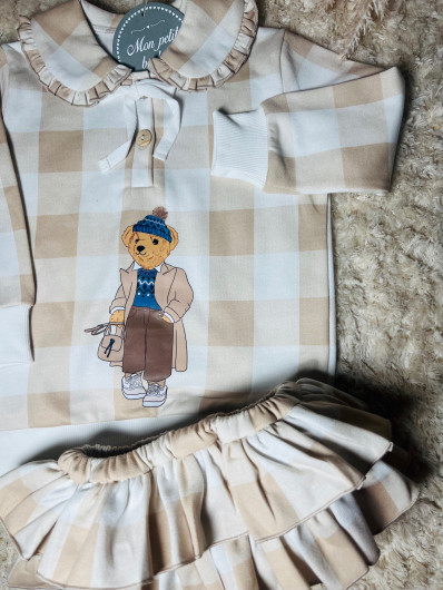 Conjunto sudadera y braguita colección CUADROS OSO Mon Petit Bonbon Niña