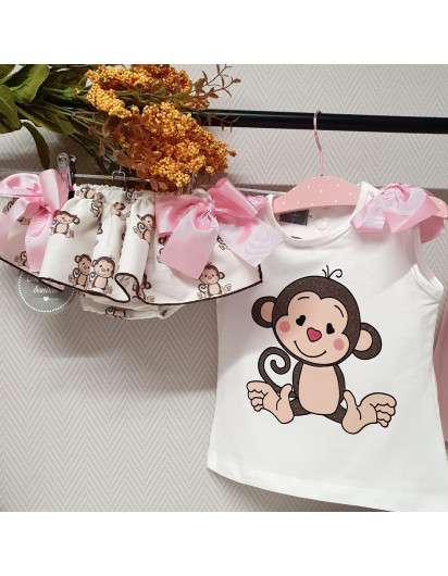 Conjunto Monitos Mon Petit Bonbon Camiseta y Braga Volante