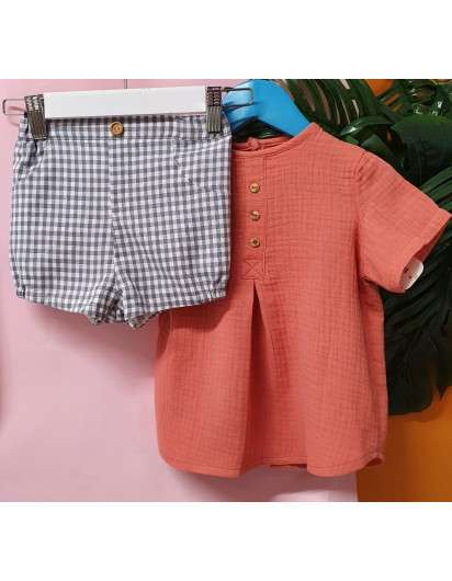 Conjunto Valentina Bebes Niño Camisa Petalo y Bombacho Vichy Marino