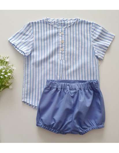 Conjunto Valentina Bebes Niño Camisa rayas  y Bombacho Azul