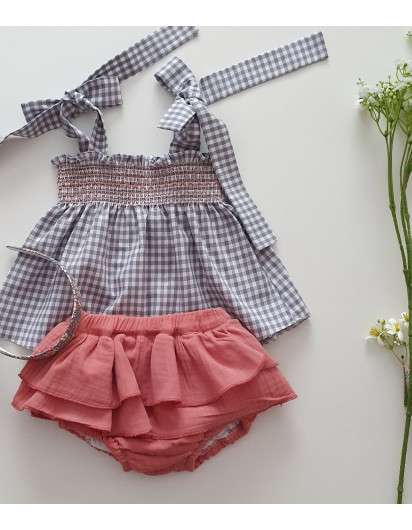 Conjunto Vichy Valentina Bebe Blusa Nidos y Bombacho Niña