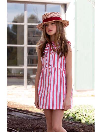 Vestido Kids Chocolate Rayas Coral Abotonado Niña
