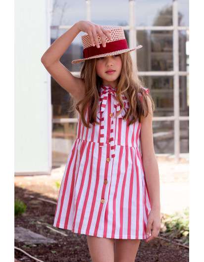 Vestido Kids Chocolate Rayas Coral Abotonado Niña