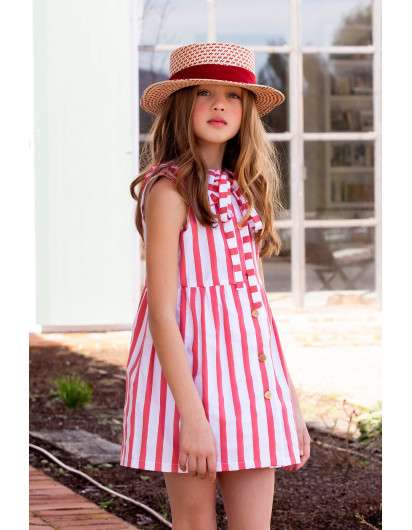 Vestido Kids Chocolate Rayas Coral Abotonado Niña