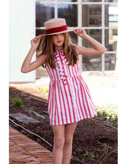 Vestido Kids Chocolate Rayas Coral Abotonado Niña